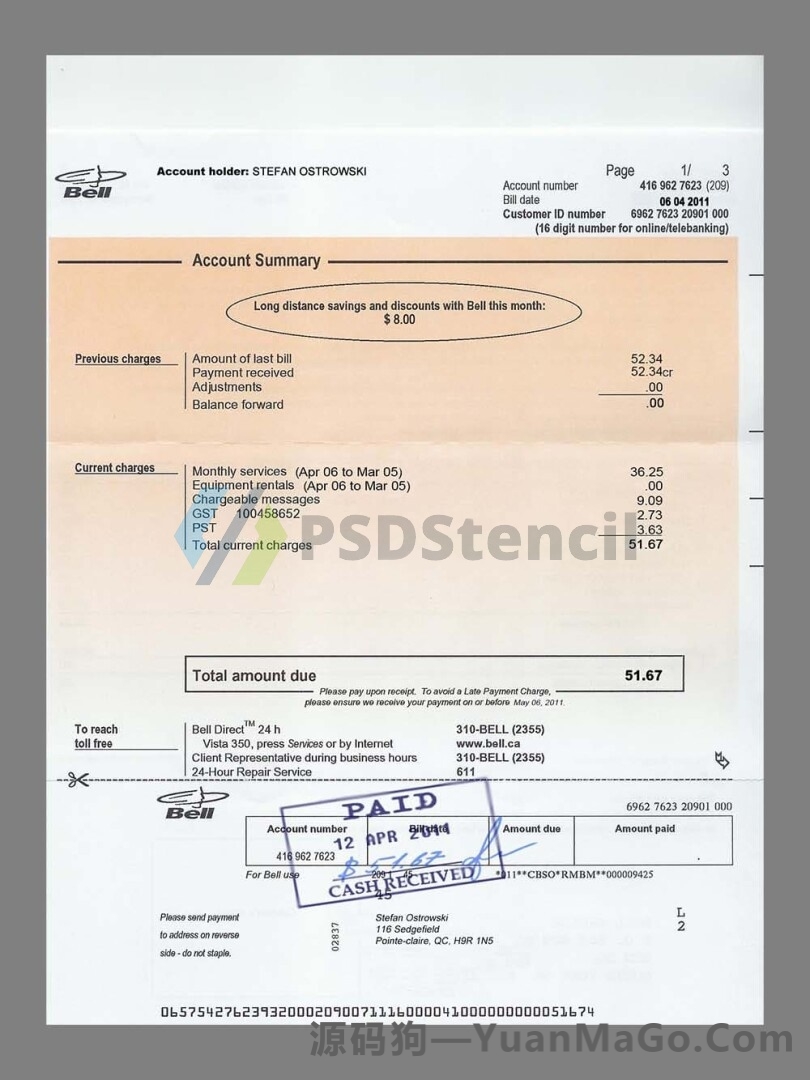 北美|加拿大Canada BELL Mobile Bills水电费账单模版/KYC地址证明psd模板-源码狗