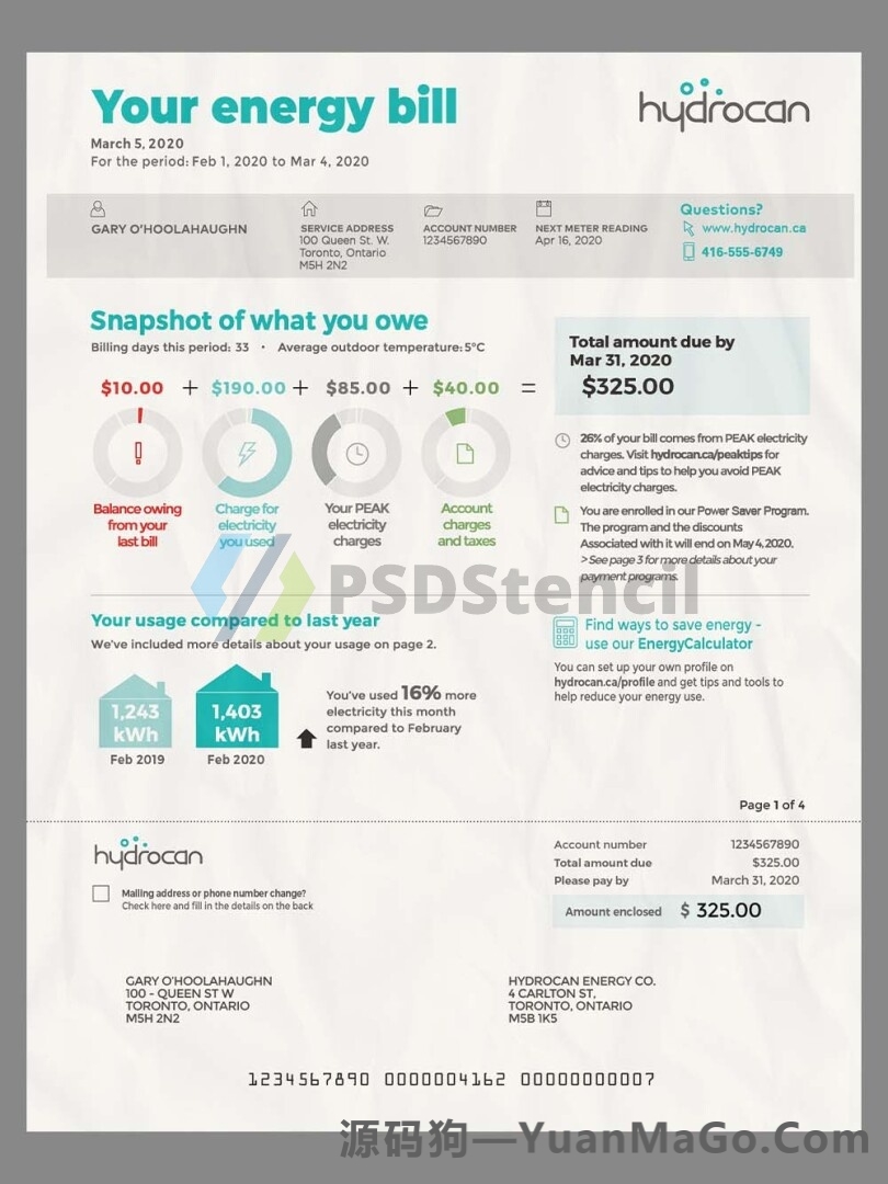 北美|Canada Ontario Utility Bills加拿大安大略省水电费账单psd模板-源码狗