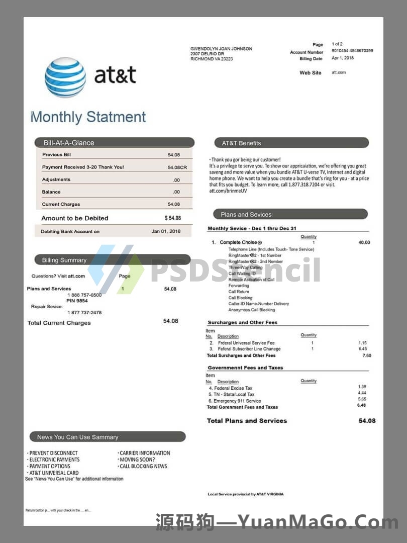 美国USA AT&T Utility Bills电信水电费账单模版/KYC地址证明psd模板-源码狗