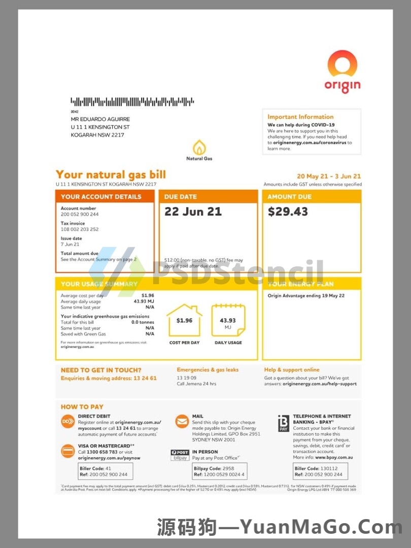澳洲|Australia Origin Natural Gas Utility Bills澳大利亚水电费账单pdf模板-源码狗