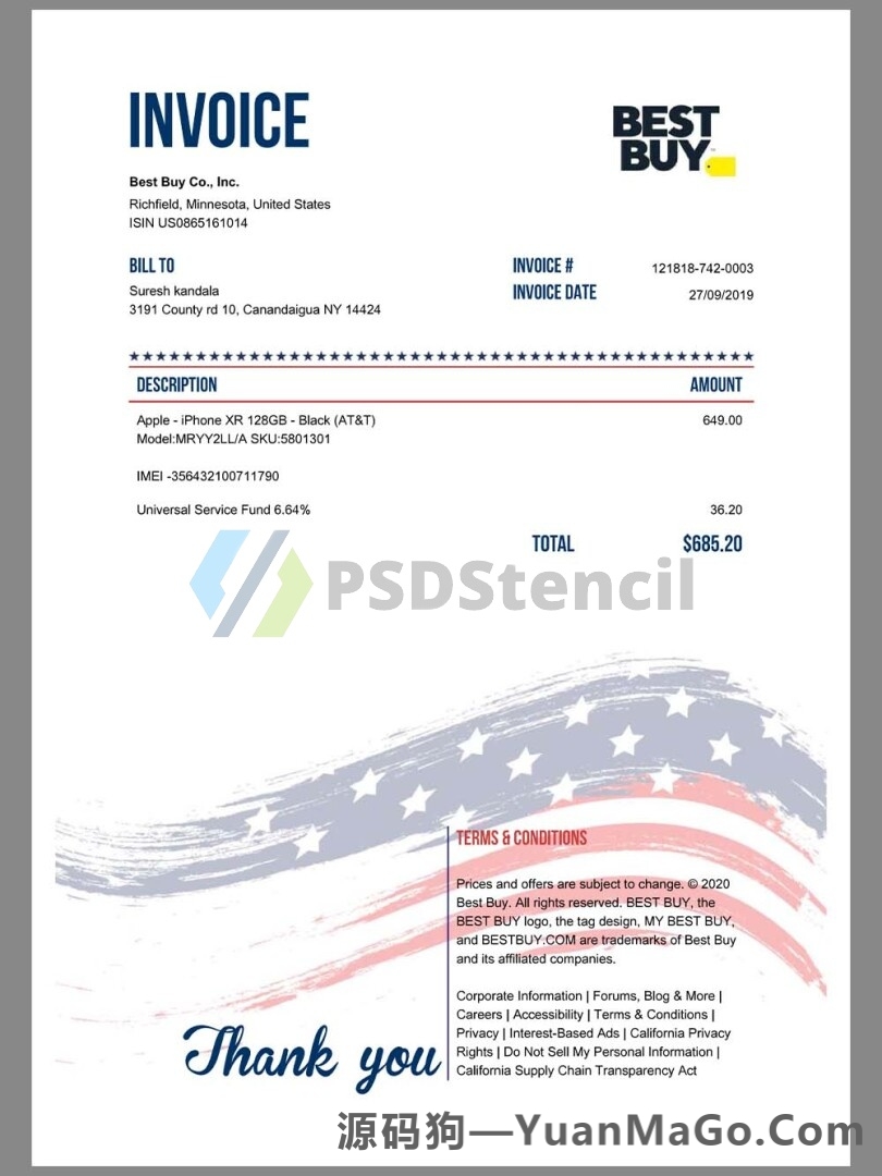 北美|USA BestBuy Buy Iphone Invoice美国百思买购物账单pdf模板-源码狗